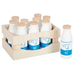 Houten krat met melkflesjes